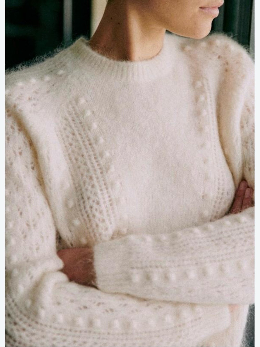 Sezane Cream Crewneck Sweater with Bobble Knit
